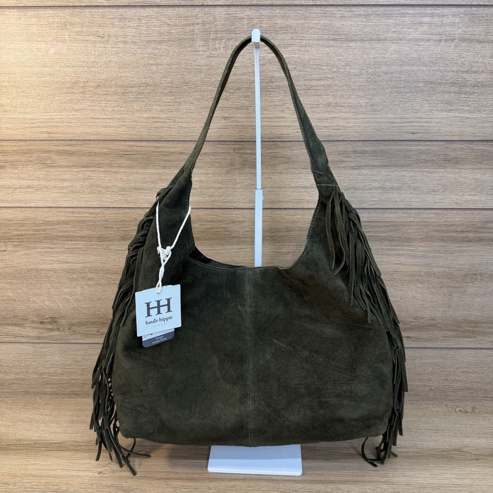 NEW Haute Hippie Style Fringe Suede Hobo Bag – Olive Green Festival Boho